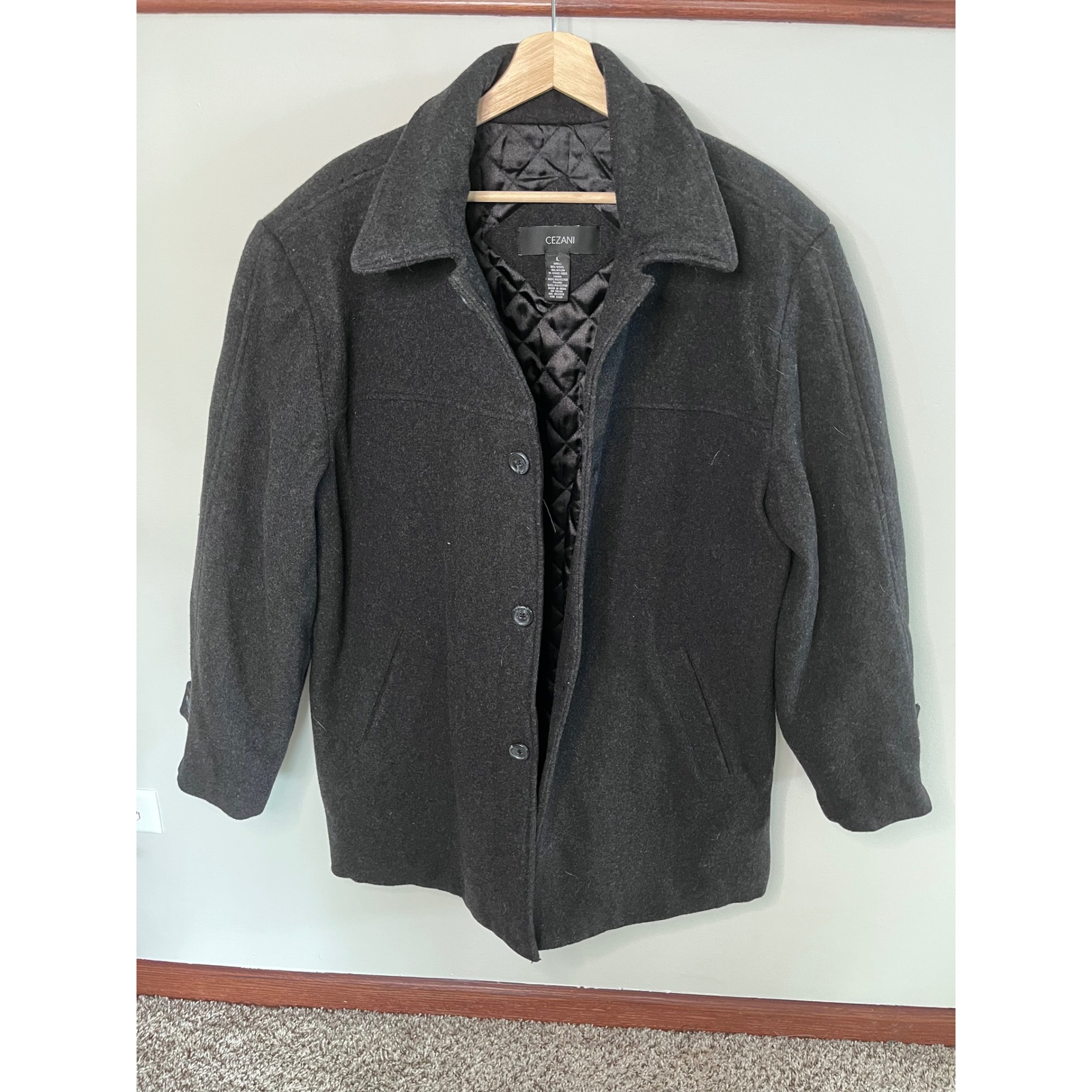 Cezani Mens Wool Blend Car Coat Charcoal Grey Quilted Lining Jacket Large
